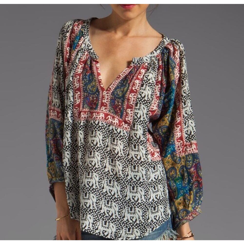 Tolani 100% silk Women's Elephant Print Boho Blouse Multicolor Sz S Long Sleeve
